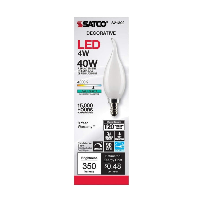 SATCO 4 Watt CA10 LED - Frost - Candelabra base - 90 CRI - 4000K - 120 Volt S21302