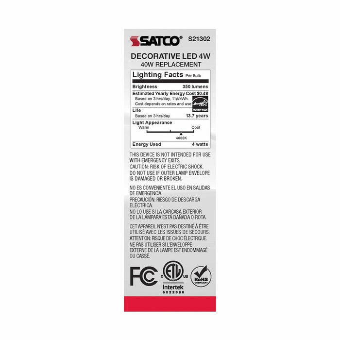 SATCO 4 Watt CA10 LED - Frost - Candelabra base - 90 CRI - 4000K - 120 Volt S21302