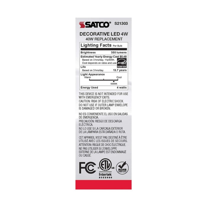 SATCO 4 Watt CA10 LED - Frost - Candelabra base - 90 CRI - 5000K - 120 Volt S21303