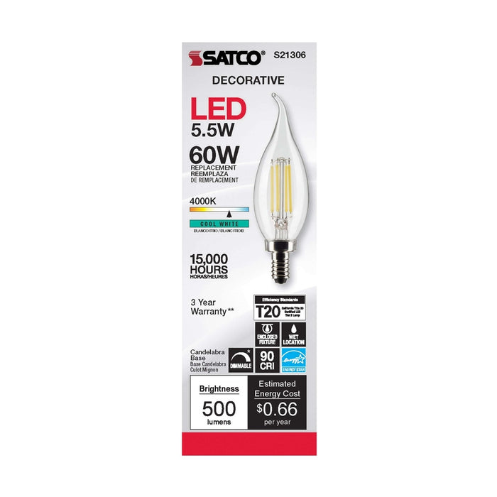 SATCO 5.5 Watt CA10 LED - Clear - Candelabra base - 90 CRI - 4000K - 120 Volt S21306