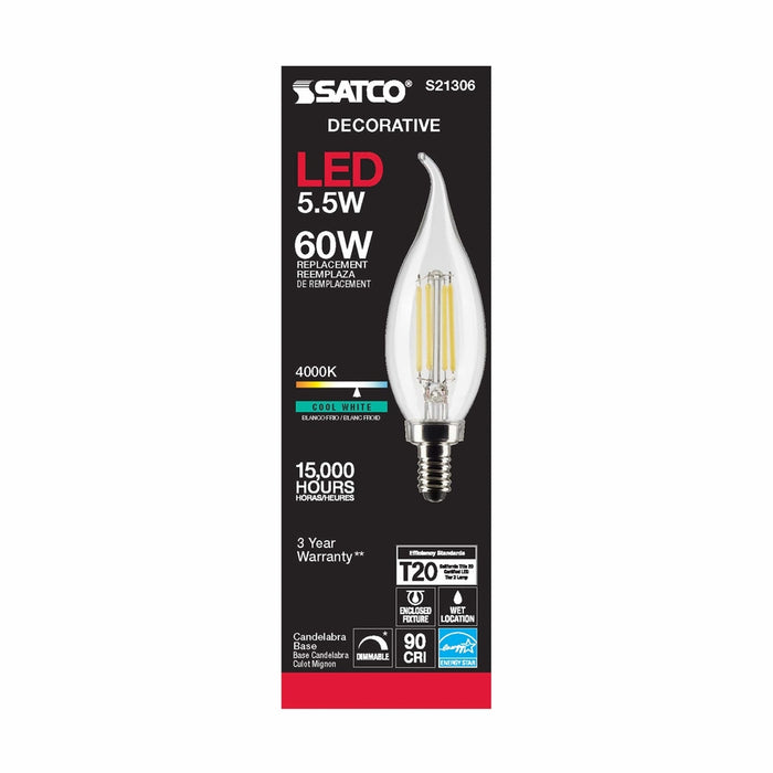 SATCO 5.5 Watt CA10 LED - Clear - Candelabra base - 90 CRI - 4000K - 120 Volt S21306