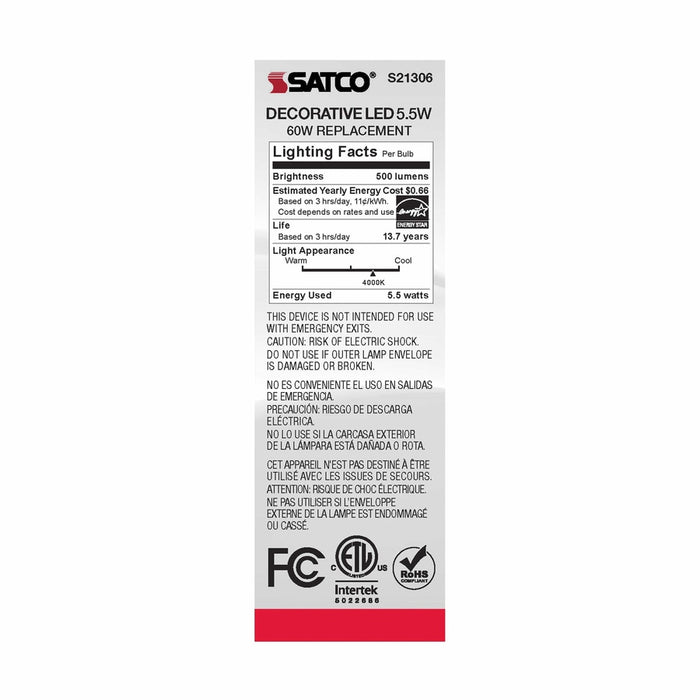 SATCO 5.5 Watt CA10 LED - Clear - Candelabra base - 90 CRI - 4000K - 120 Volt S21306