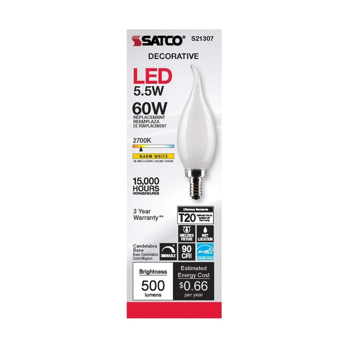 SATCO 5.5 Watt CA10 LED - Frost - Candelabra base - 90 CRI - 2700K - 120 Volt S21307