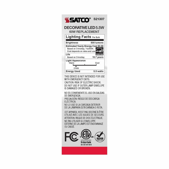 SATCO 5.5 Watt CA10 LED - Frost - Candelabra base - 90 CRI - 2700K - 120 Volt S21307