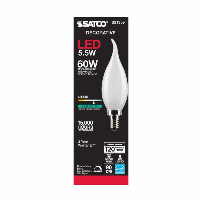 SATCO 5.5 Watt CA10 LED - Frost - Candelabra base - 90 CRI - 4000K - 120 Volt S21309