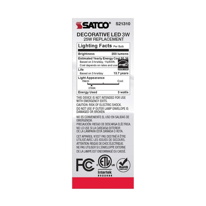 SATCO 3 Watt CA10 LED - Clear - Medium base - 90 CRI - 2700K - 120 Volt S21310