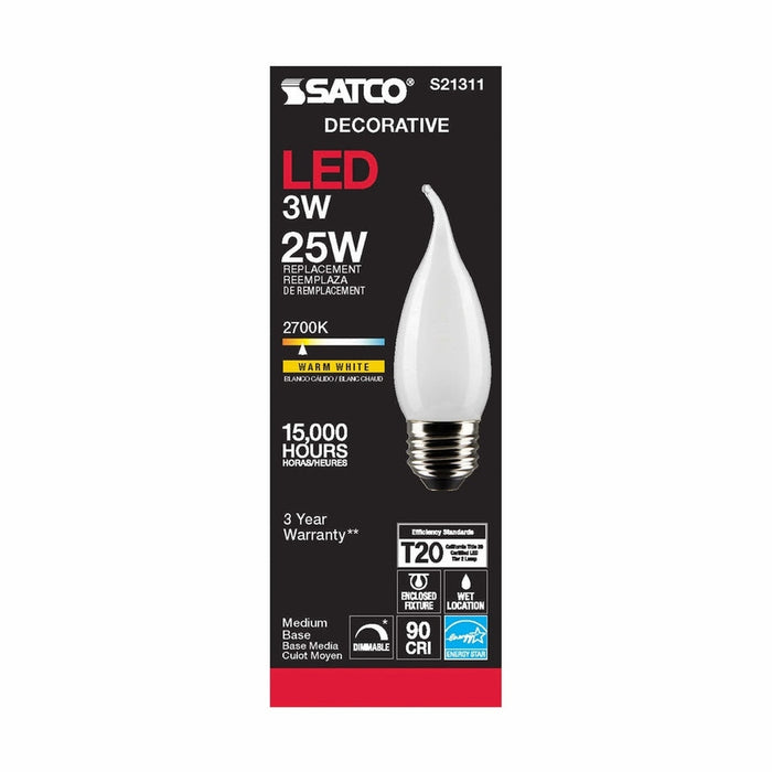 SATCO 3 Watt CA10 LED - Frost - Medium base - 90 CRI - 2700K - 120 Volt S21311