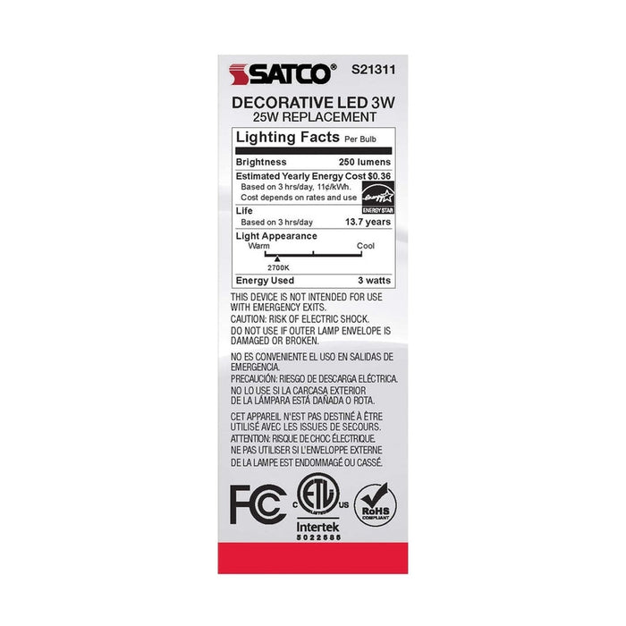 SATCO 3 Watt CA10 LED - Frost - Medium base - 90 CRI - 2700K - 120 Volt S21311