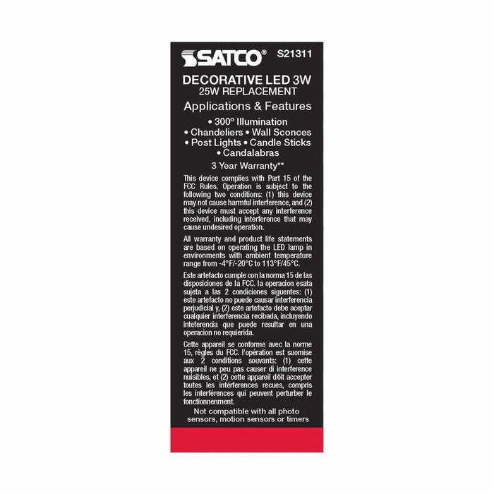 SATCO 3 Watt CA10 LED - Frost - Medium base - 90 CRI - 2700K - 120 Volt S21311