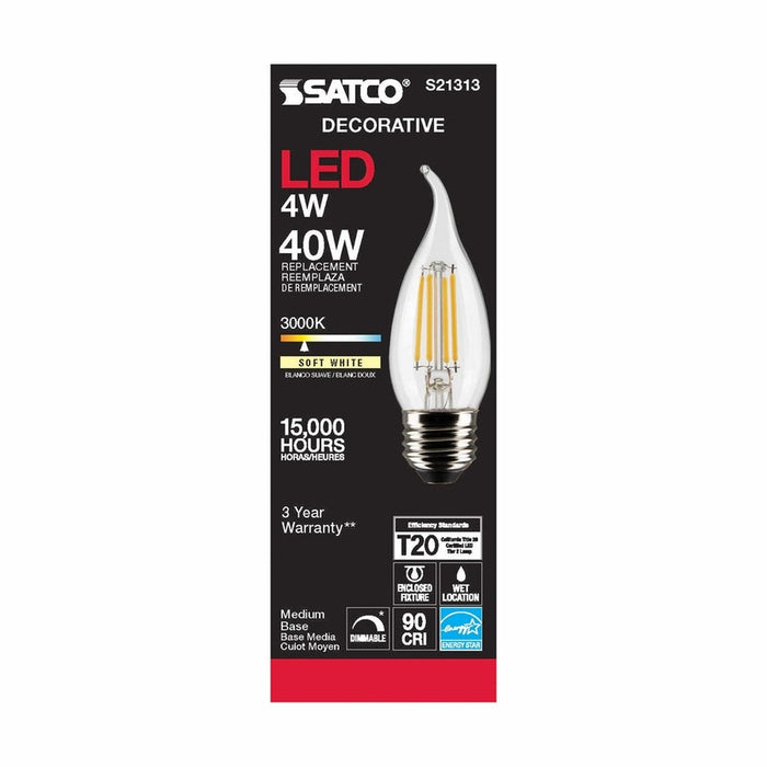 SATCO 4 Watt CA10 LED - Clear - Medium base - 90 CRI - 3000K - 120 Volt S21313