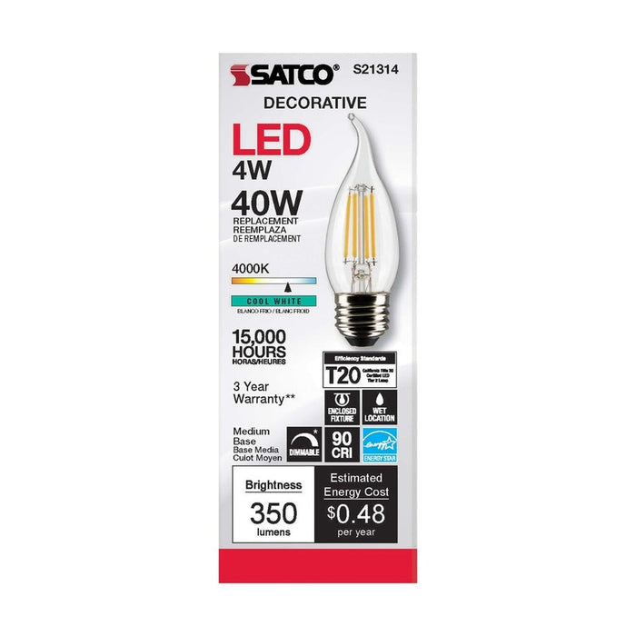 SATCO 4 Watt CA10 LED - Clear - Medium base - 90 CRI - 4000K - 120 Volt S21314