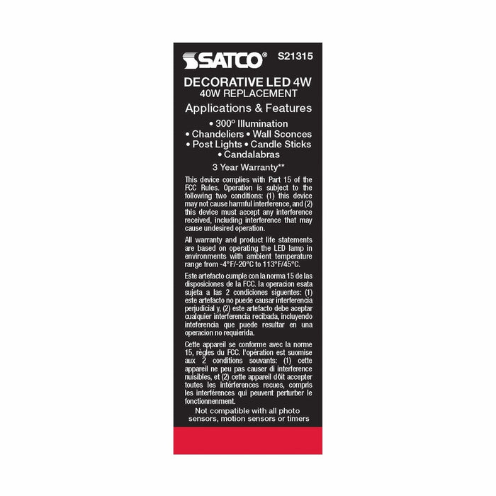 SATCO 4 Watt CA10 LED - Frost - Medium base - 90 CRI - 2700K - 120 Volt S21315