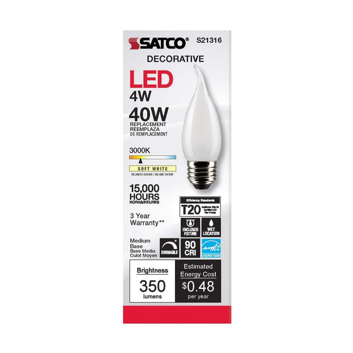 SATCO 4 Watt CA10 LED - Frost - Medium base - 90 CRI - 3000K - 120 Volt S21316