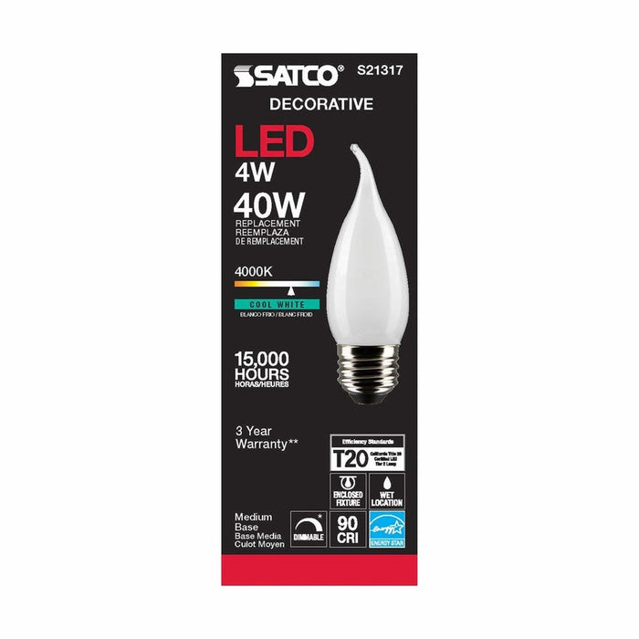 SATCO 4 Watt CA10 LED - Frost - Medium base - 90 CRI - 4000K - 120 Volt S21317