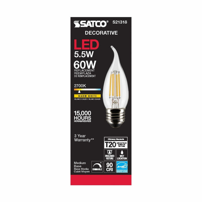 SATCO 5.5 Watt CA10 LED - Clear - Medium base - 90 CRI - 2700K - 120 Volt S21318