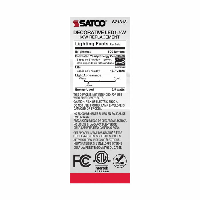 SATCO 5.5 Watt CA10 LED - Clear - Medium base - 90 CRI - 2700K - 120 Volt S21318