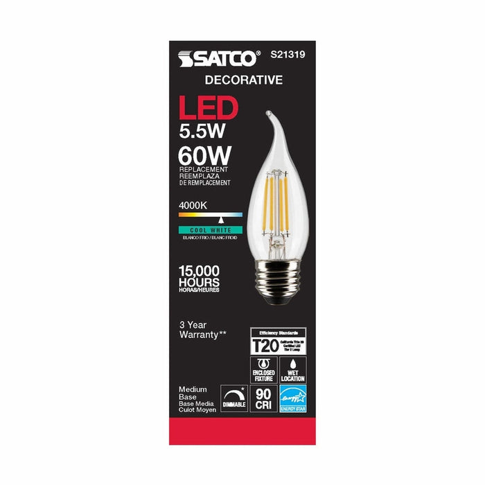 SATCO 5.5 Watt CA10 LED - Clear - Medium base - 90 CRI - 4000K - 120 Volt S21319