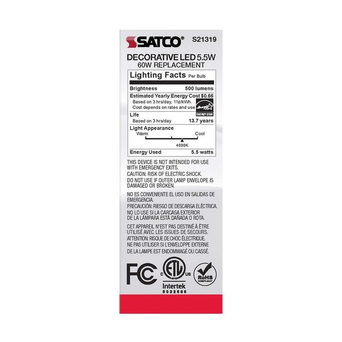 SATCO 5.5 Watt CA10 LED - Clear - Medium base - 90 CRI - 4000K - 120 Volt S21319