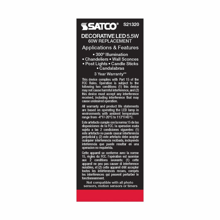 SATCO 5.5 Watt CA10 LED - Frost - Medium base - 90 CRI - 2700K - 120 Volt S21320