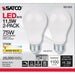 SATCO 11.5 Watt - A19 LED - 90CRI - 2700K - Medium base - 220 deg. Beam Angle - 120 Volt - 1100 Lumens - CEC - 2-pack S21323