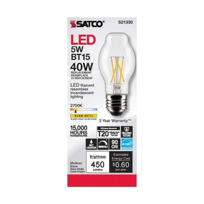 SATCO 5 Watt BT15 LED - Clear - Medium base - 90 CRI - 2700K - 120 Volt S21330