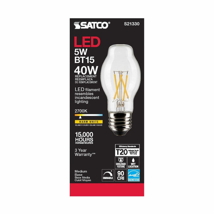 SATCO 5 Watt BT15 LED - Clear - Medium base - 90 CRI - 2700K - 120 Volt S21330