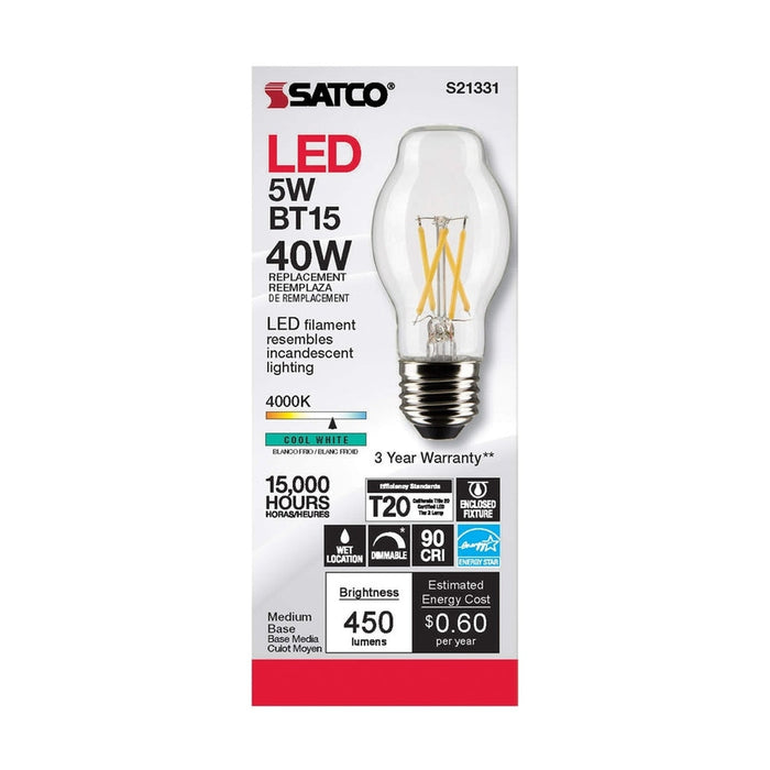 SATCO 5 Watt BT15 LED - Clear - Medium base - 90 CRI - 4000K - 120 Volt S21331