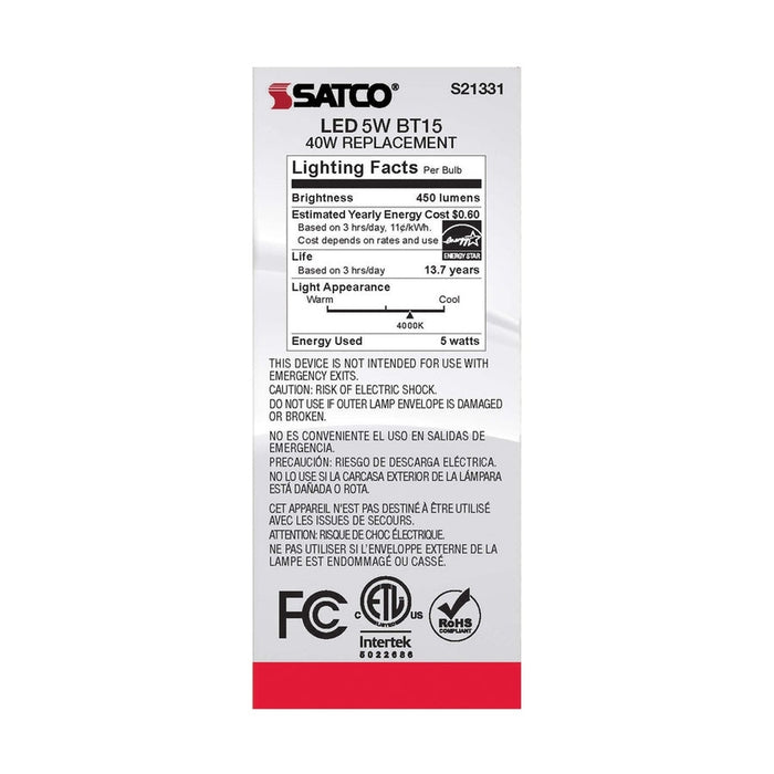 SATCO 5 Watt BT15 LED - Clear - Medium base - 90 CRI - 4000K - 120 Volt S21331