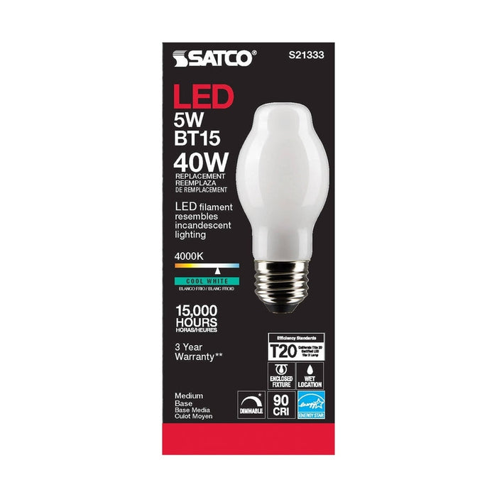 SATCO 5 Watt BT15 LED - White - Medium base - 90 CRI - 4000K - 120 Volt S21333