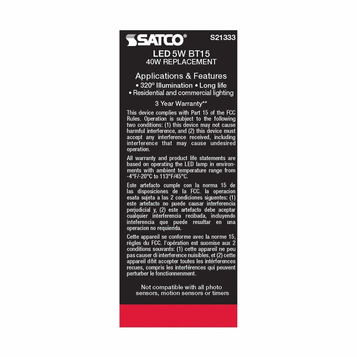 SATCO 5 Watt BT15 LED - White - Medium base - 90 CRI - 4000K - 120 Volt S21333