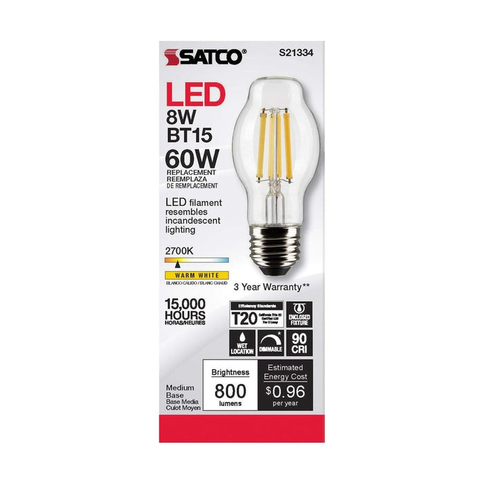 SATCO 8 Watt BT15 LED - Clear - Medium base - 90 CRI - 2700K - 120 Volt S21334