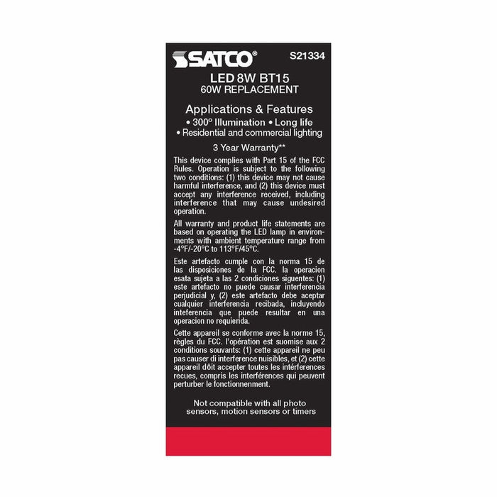 SATCO 8 Watt BT15 LED - Clear - Medium base - 90 CRI - 2700K - 120 Volt S21334