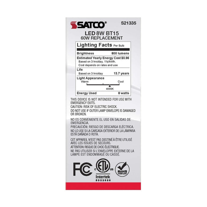 SATCO 8 Watt BT15 LED - Clear - Medium base - 90 CRI - 4000K - 120 Volt S21335