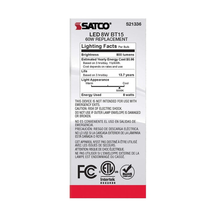 SATCO 8 Watt BT15 LED - Clear - Medium base - 90 CRI - 5000K - 120 Volt S21336