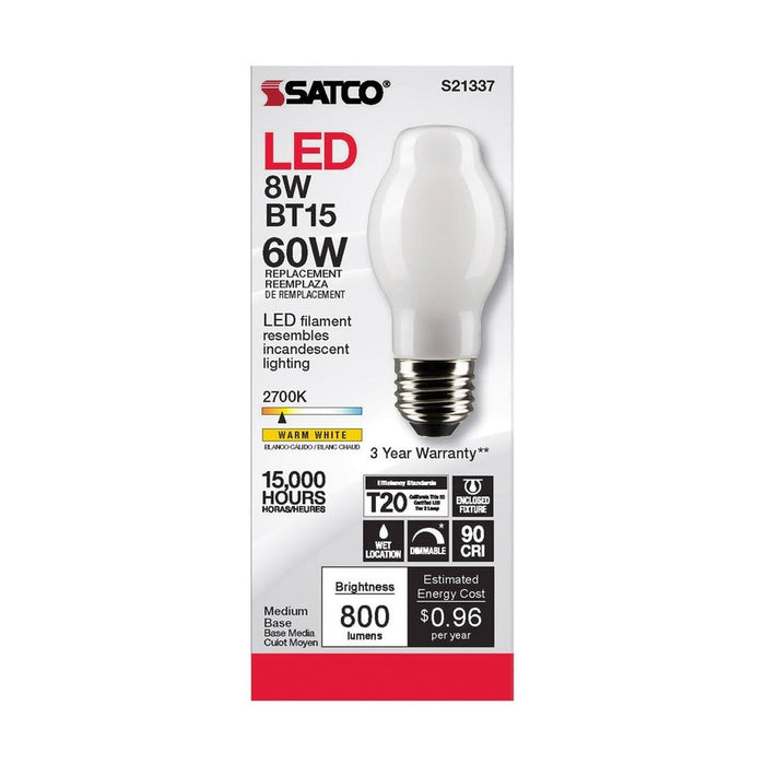 SATCO 8 Watt BT15 LED - White - Medium base - 90 CRI - 2700K - 120 Volt S21337