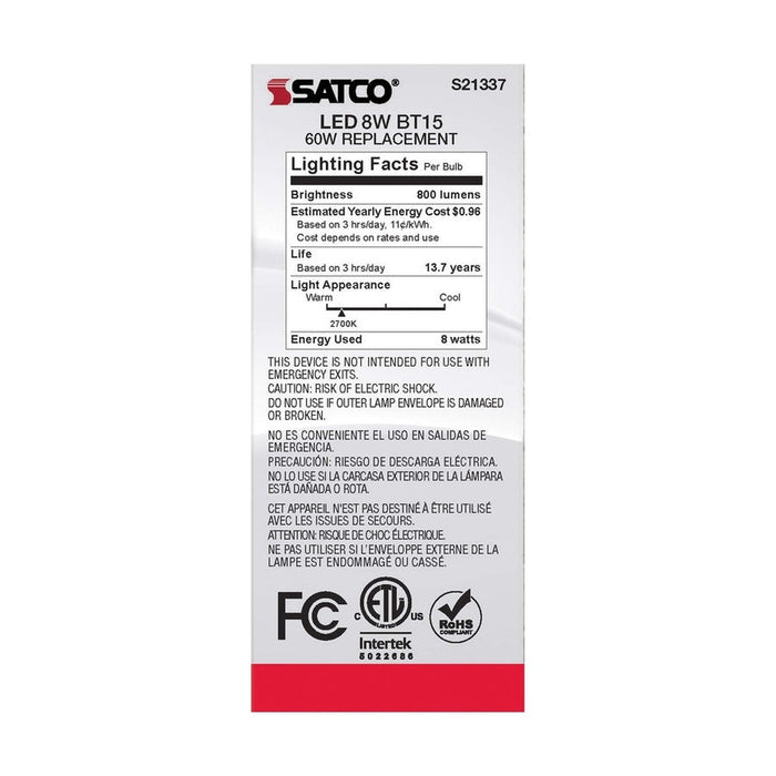 SATCO 8 Watt BT15 LED - White - Medium base - 90 CRI - 2700K - 120 Volt S21337