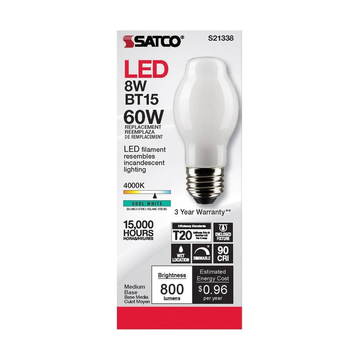 SATCO 8 Watt BT15 LED - White - Medium base - 90 CRI - 4000K - 120 Volt S21338