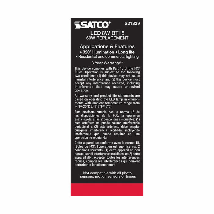 SATCO 8 Watt BT15 LED - White - Medium base - 90 CRI - 5000K - 120 Volt S21339