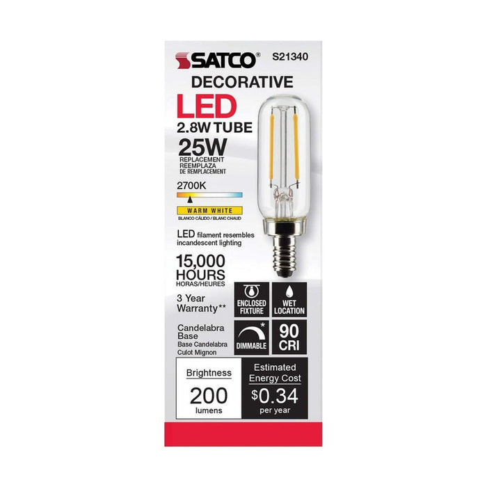 SATCO 2.8 Watt T6 LED - Clear - Candelabra base - 90 CRI - 2700K - 120 Volt S21340