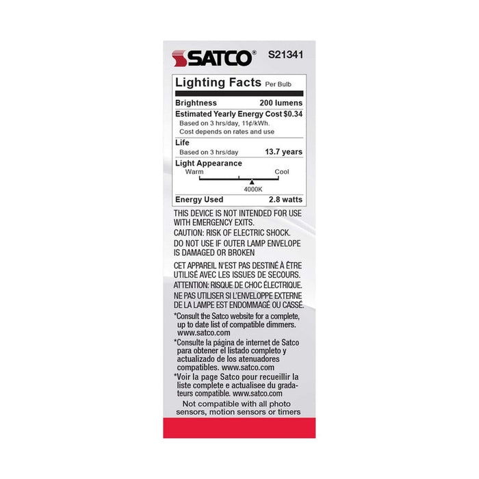 SATCO 2.8 Watt T6 LED - Clear - Candelabra base - 90 CRI - 4000K - 120 Volt S21341