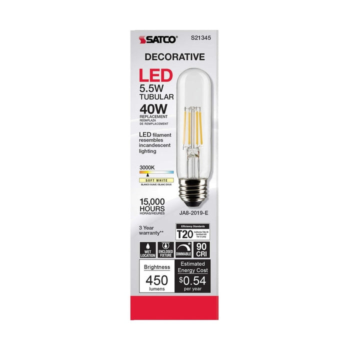 SATCO 5.5 Watt T10 LED - Clear - Medium base - 90 CRI - 3000K - 120 Volt S21345