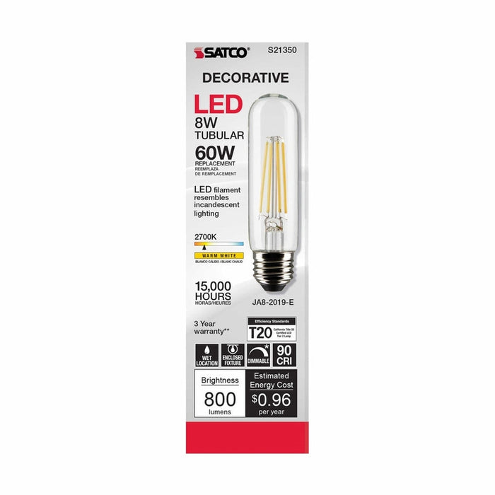 SATCO 8 Watt T10 LED - Clear - Medium base - 90 CRI - 2700K - 120 Volt S21350