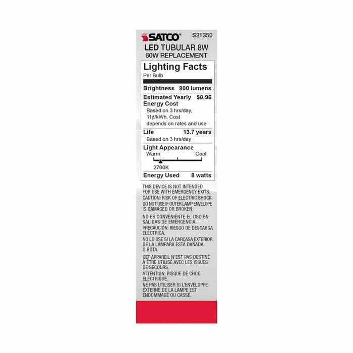 SATCO 8 Watt T10 LED - Clear - Medium base - 90 CRI - 2700K - 120 Volt S21350