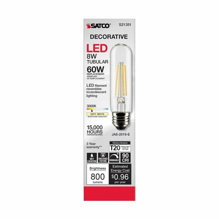 SATCO 8 Watt T10 LED - Clear - Medium base - 90 CRI - 3000K - 120 Volt S21351