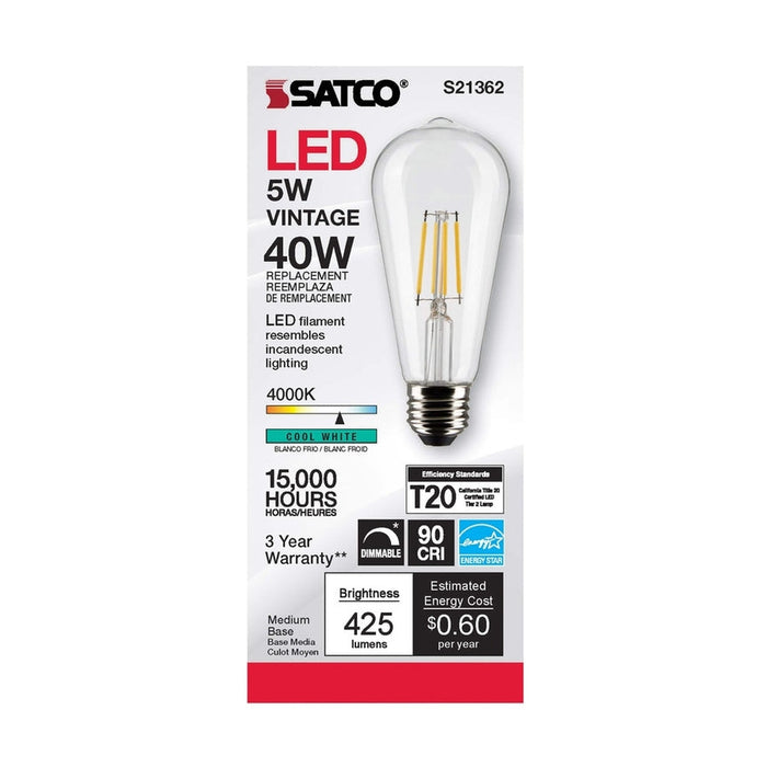 SATCO 5 Watt ST19 LED - Clear - Medium base - 90 CRI - 4000K - 120 Volt S21362