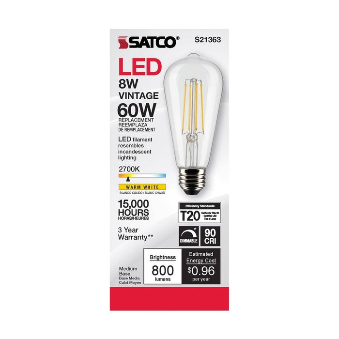 SATCO 8 Watt ST19 LED - Clear - Medium base - 90 CRI - 2700K - 120 Volt S21363