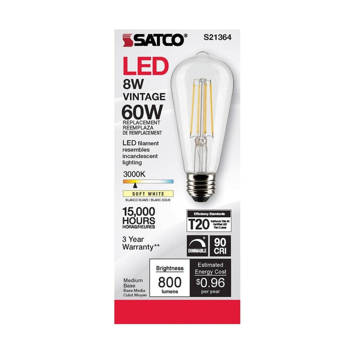 SATCO 8 Watt ST19 LED - Clear - Medium base - 90 CRI - 3000K - 120 Volt S21364