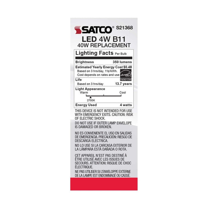 SATCO 4 Watt B11 LED - Clear - Medium base - 90 CRI - 2700K - 120 Volt - 3-Pack S21368