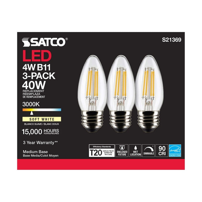 SATCO 4 Watt B11 LED - Clear - Medium base - 90 CRI - 3000K - 120 Volt - 3-Pack S21369