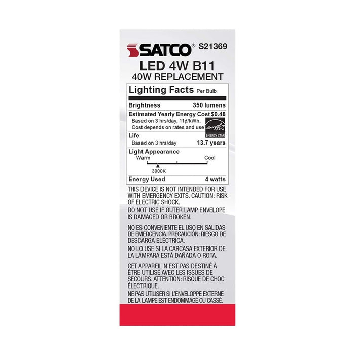 SATCO 4 Watt B11 LED - Clear - Medium base - 90 CRI - 3000K - 120 Volt - 3-Pack S21369